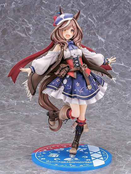 Umamusume Pretty Derby Matikanetannhauser 1/7 scale rerelease figure in a blue-and-red outfit with a flowing cape and themed display base.