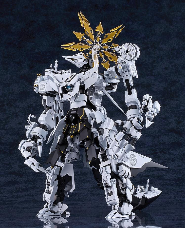 Blue Archive MODEROID Daath Model Kit featuring a white and black armored mecha design with gold effect parts and detailed mechanical styling
