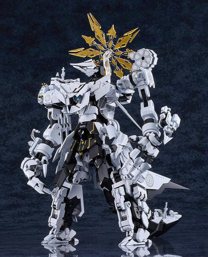 Blue Archive MODEROID Daath Model Kit featuring a white and black armored mecha design with gold effect parts and detailed mechanical styling
