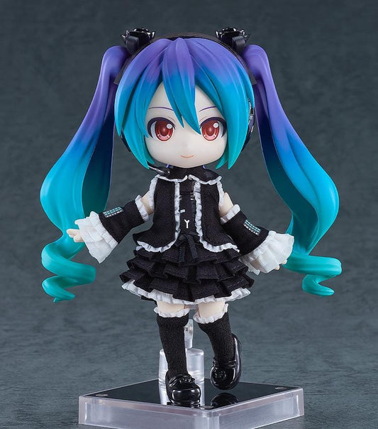 Hatsune Miku Nendoroid Doll Hatsune Miku Infinity Ver. with teal twin-tails, black-and-white frilled outfit, red eyes, and display stand