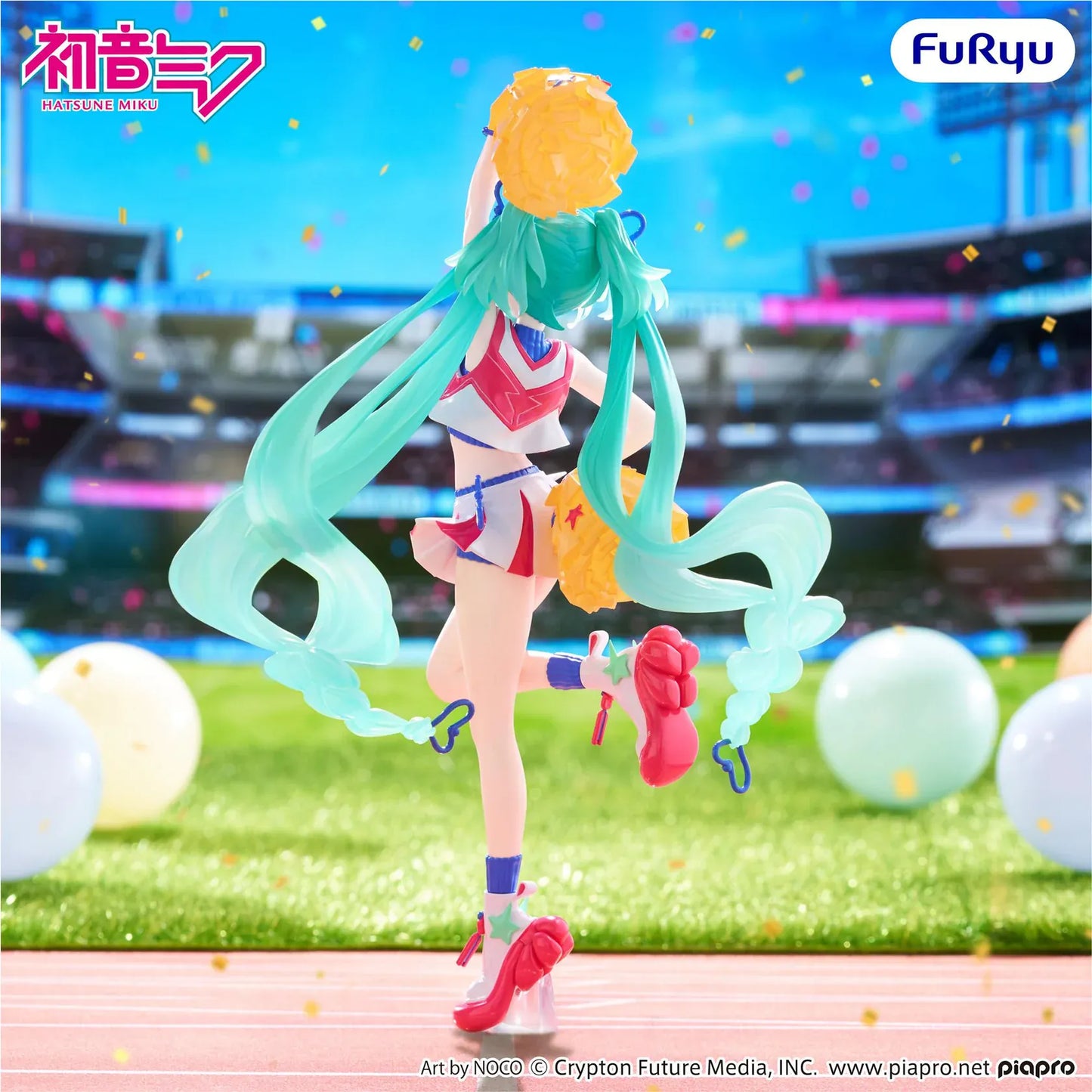 Hatsune Miku Muchute Cheerleader Version figure in a colorful cheerleader outfit holding pom-poms