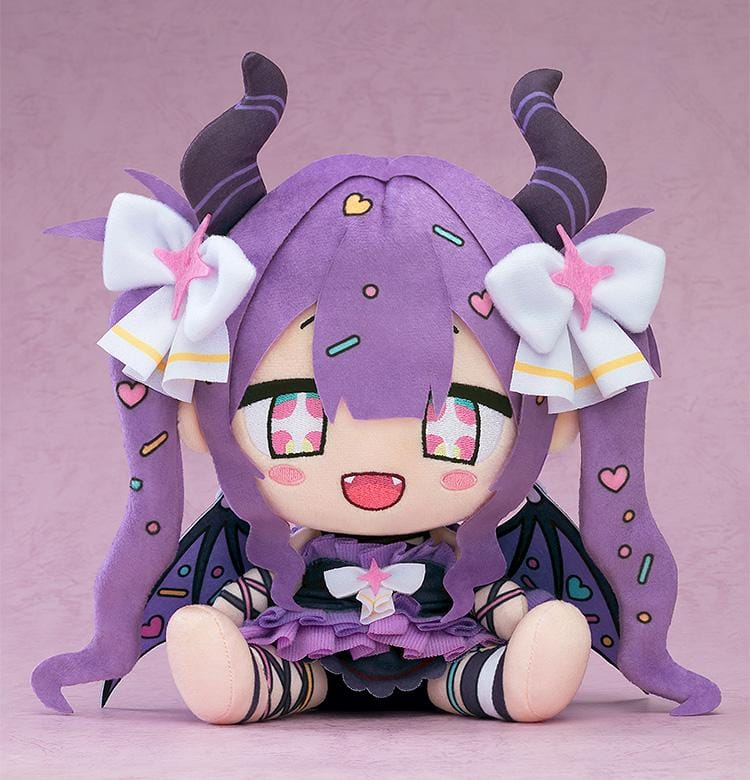 Yunyun Syndrome Rhythm Psychosis Plushie Yunyun featuring Yunyun in a soft chibi-style seated plush design with purple hair, curled horns, white bows, wings, and colorful heart accents.