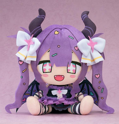 Yunyun Syndrome Rhythm Psychosis Plushie Yunyun featuring Yunyun in a soft chibi-style seated plush design with purple hair, curled horns, white bows, wings, and colorful heart accents.