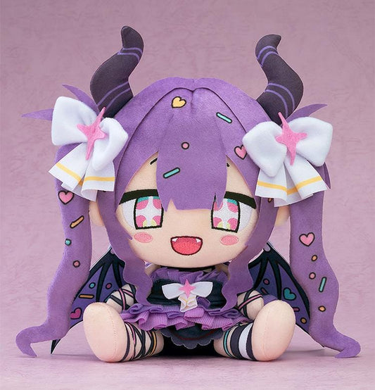 Yunyun Syndrome Rhythm Psychosis Plushie Yunyun featuring Yunyun in a soft chibi-style seated plush design with purple hair, curled horns, white bows, wings, and colorful heart accents.