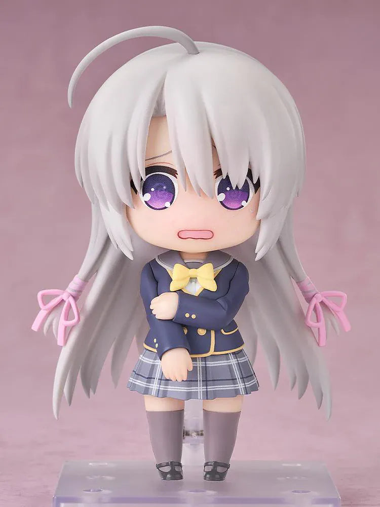 Sabbat of the Witch Nendoroid Nene Ayachi Figure featuring Nene in a chibi-style design with long silver hair, purple eyes, school uniform, yellow bow, and pink ribbon hair ties.