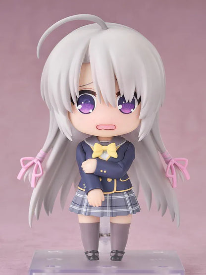 Sabbat of the Witch Nendoroid Nene Ayachi Figure featuring Nene in a chibi-style design with long silver hair, purple eyes, school uniform, yellow bow, and pink ribbon hair ties.