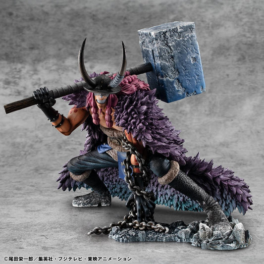 One Piece Portrait of Pirates ELB-Maximum Loki figure crouching with a massive hammer, horned helmet, pink braids, purple cloak, and chains on a rocky base.