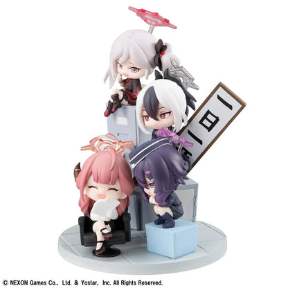 Blue Archive FigUnity Figure featuring multiple chibi-style Blue Archive characters in an office-themed diorama display with furniture, signboard, and colorful effect parts.