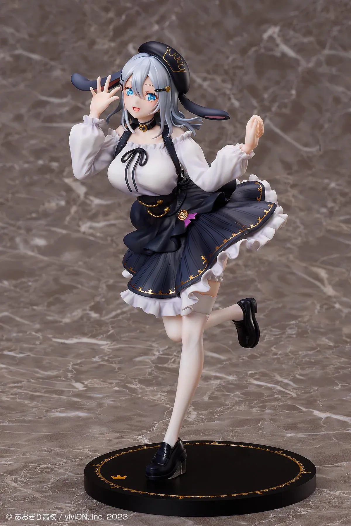 Aogiri High School Yamaguro Nekuro Casual Outfit Ver. 1/7 scale figure featuring a black-and-white dress, silver hair, bunny-inspired beret, and elegant display base