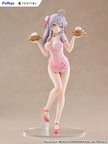 Alya Sometimes Hides Her Feelings in Russian TENITOL TALL Alya Cheongsam ver. Figure featuring Alya with long silver hair, pink cheongsam outfit, steamed bun accessories, and pink shoes.