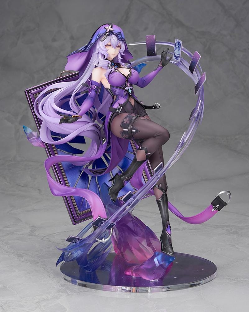 Honkai Star Rail Black Swan 1/7 Scale Figure featuring Black Swan with flowing lavender hair, purple outfit, tarot-inspired effects, and crystal-style display base.