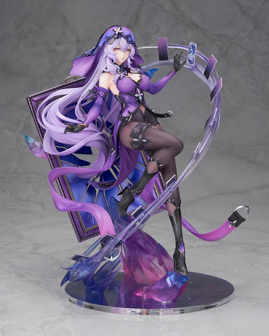 Honkai Star Rail Black Swan 1/7 Scale Figure featuring Black Swan with flowing lavender hair, purple outfit, tarot-inspired effects, and crystal-style display base.