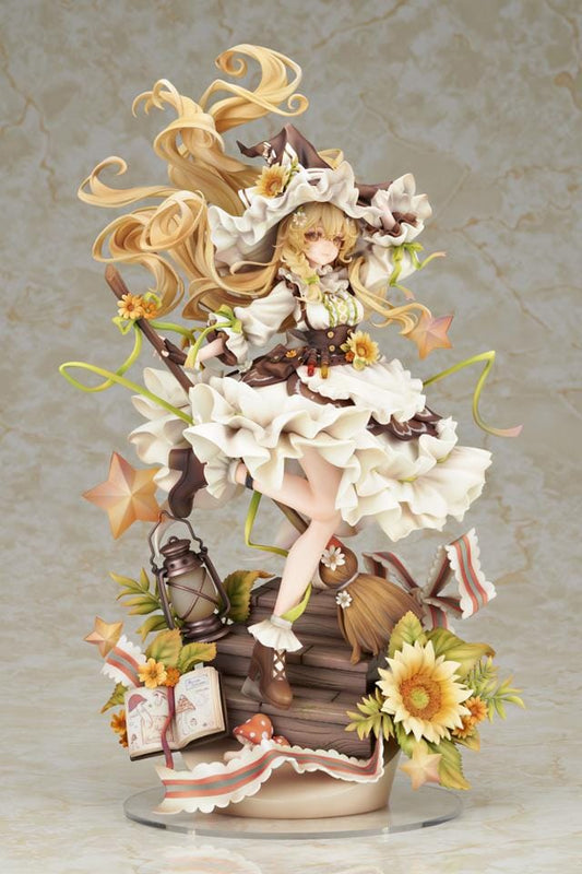 Touhou Project Marisa Kirisame 1/8 scale figure with flowing blonde hair, frilled witch dress, sunflowers, lantern, and detailed fantasy base.