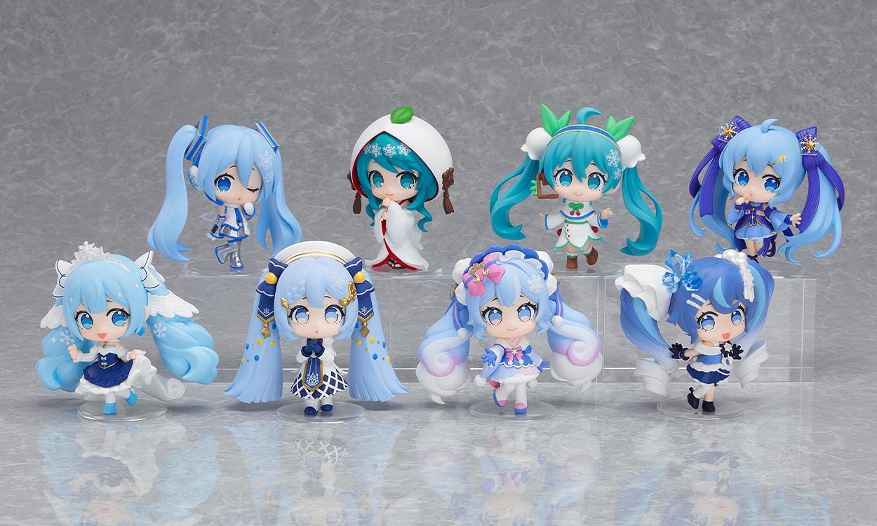 Hatsune Miku Snow Miku All Stars Figure Collection Vol. 2 boxed set featuring eight chibi Snow Miku figures in different winter-themed outfits