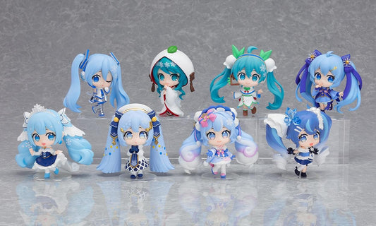 Hatsune Miku Snow Miku All Stars Figure Collection Vol. 2 boxed set featuring eight chibi Snow Miku figures in different winter-themed outfits