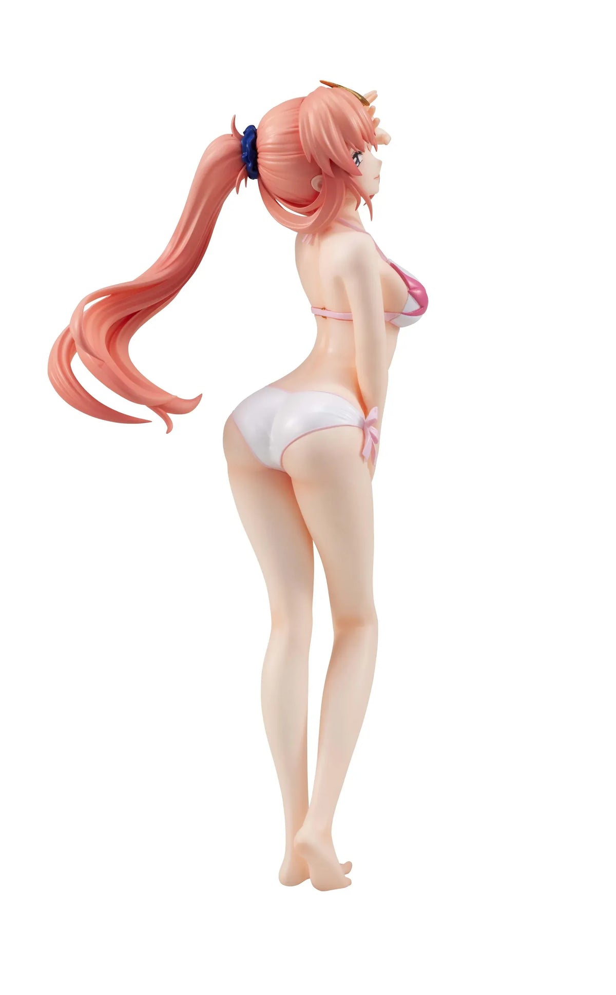 Lucrea Light Lacus Clyne Swimsuit Ver. figure with a flowing pink ponytail, gold hair ornament, and pink and white swimsuit, posed with one hand raised.