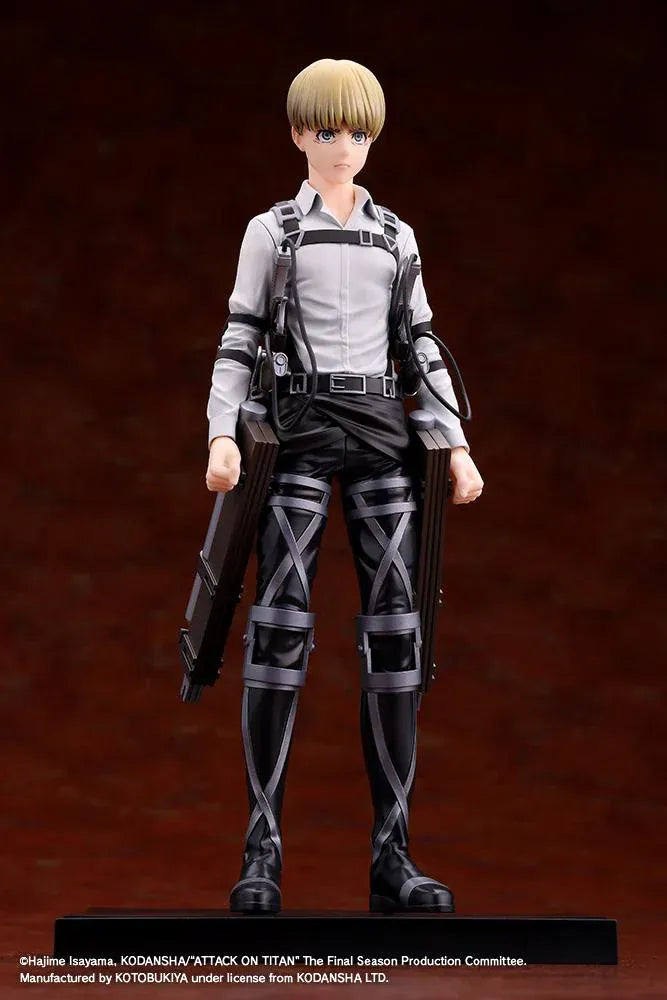 Armin Arlert The Final Season Ver. Oshi Works figure with blond hair, a gray shirt, black harness straps, and equipment on a rectangular black base.