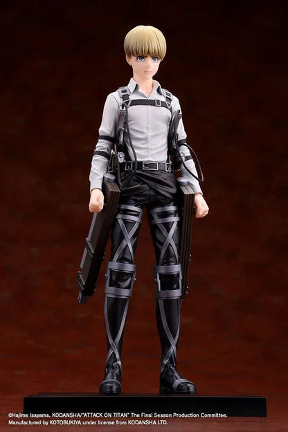 Armin Arlert The Final Season Ver. Oshi Works figure with blond hair, a gray shirt, black harness straps, and equipment on a rectangular black base.