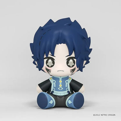 DRAMAtical Murder Huggy Good Smile Ren figure with dark blue hair, star-filled eyes, cheek markings, and a blue-and-black outfit in a seated pose.