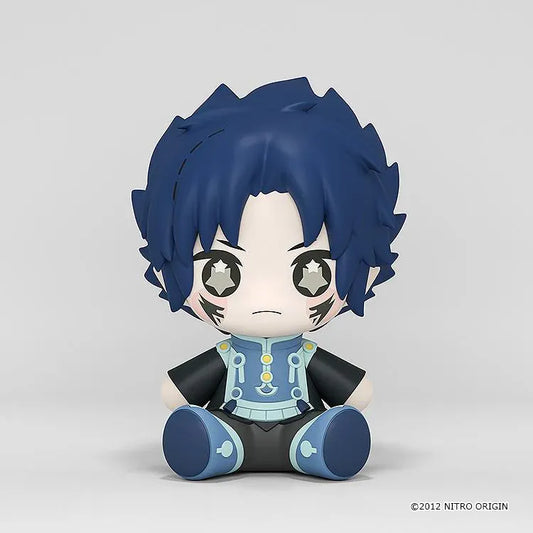 DRAMAtical Murder Huggy Good Smile Ren figure with dark blue hair, star-filled eyes, cheek markings, and a blue-and-black outfit in a seated pose.