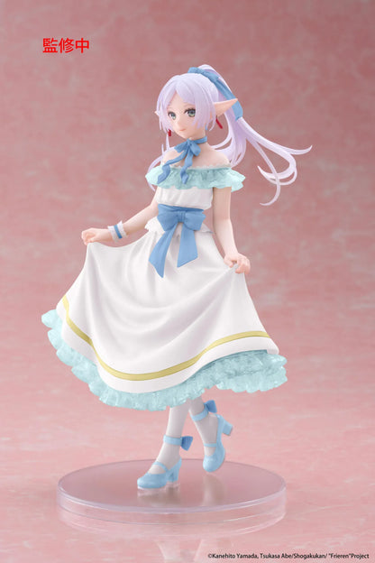 Frieren Beyond Journey's End Frieren Party Dress Ver. Coreful Figure (Rerelease) featuring a silver-white-haired elf with green eyes wearing an elegant white off-the-shoulder dress with light-blue ruffles, golden trim, blue ribbons, and matching heels while gracefully holding her skirt on a transparent circular base.