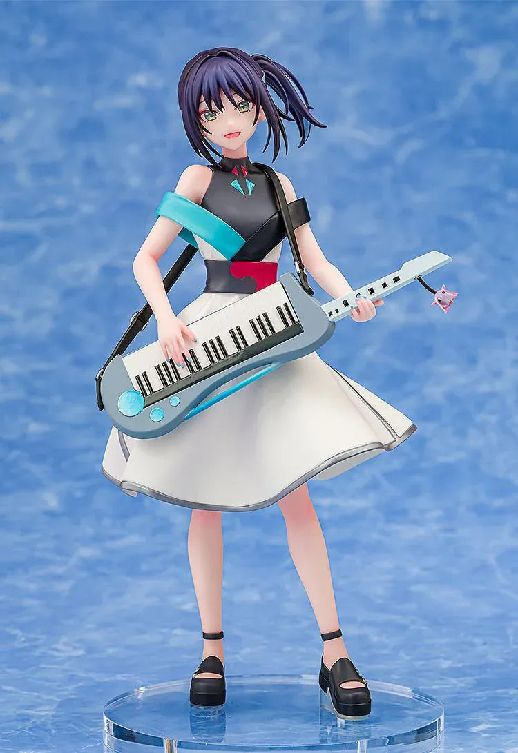 Iroha Sakayori Collaboration Concert Ver. figure with dark purple hair, holding a blue-gray keytar and wearing a white dress with turquoise and black accents.