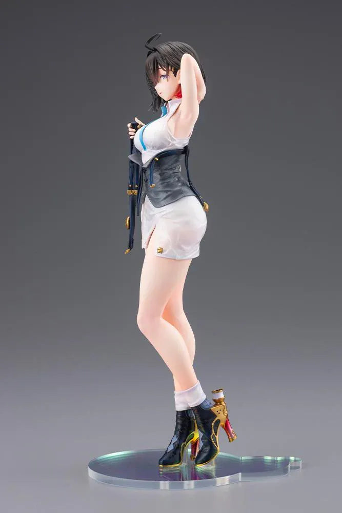 Atelier Yumia The Alchemist of Memories & the Envisioned Land Yumia Liessfeldt Sun Shower Ver. 1/7 Scale Figure featuring a short black-haired anime woman with blue eyes wearing a white outfit, black corset, and black ankle boots while holding a dark strap on a circular display base.
