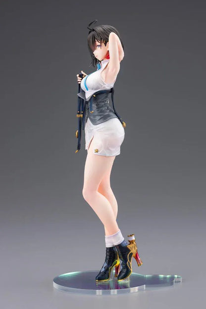 Atelier Yumia The Alchemist of Memories & the Envisioned Land Yumia Liessfeldt Sun Shower Ver. 1/7 Scale Figure featuring a short black-haired anime woman with blue eyes wearing a white outfit, black corset, and black ankle boots while holding a dark strap on a circular display base.