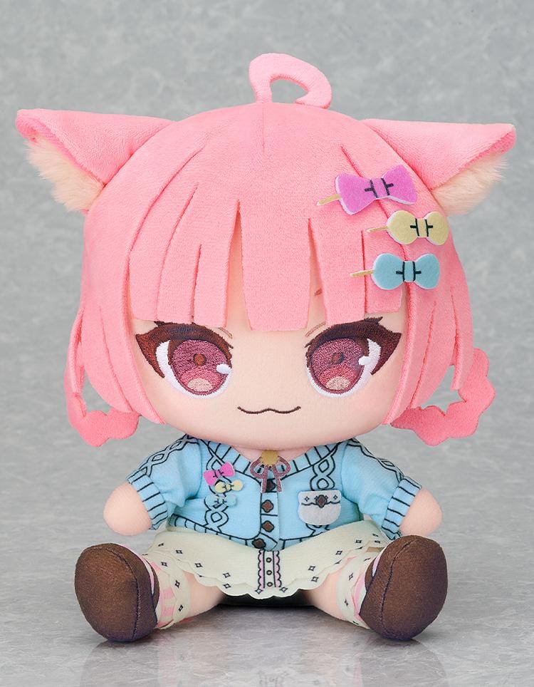 Kemono Teatime Macaron plushie with pink hair, cat ears, colorful bow clips, embroidered eyes, and a light blue café outfit.