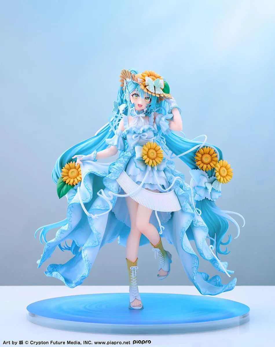 Vocaloid Hatsune Miku Magical Mirai 2026 Ver. 1/7 scale figure wearing a flowing blue dress decorated with sunflowers and elegant ribbons