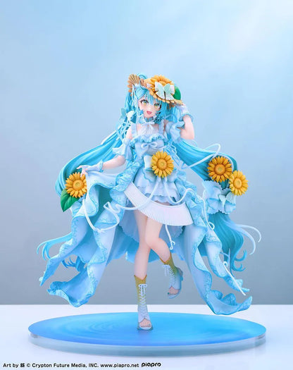 Vocaloid Hatsune Miku Magical Mirai 2026 Ver. 1/7 scale figure wearing a flowing blue dress decorated with sunflowers and elegant ribbons