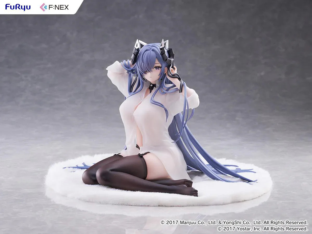 Azur Lane August von Parseval The Unhulde's Midday Respite 1/6 Scale Figure seated in white shirt with long blue hair and dark thigh-high stockings