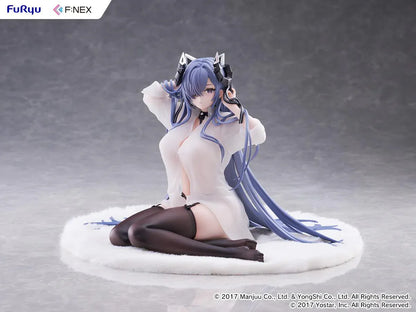 Azur Lane August von Parseval The Unhulde's Midday Respite 1/6 Scale Figure seated in white shirt with long blue hair and dark thigh-high stockings