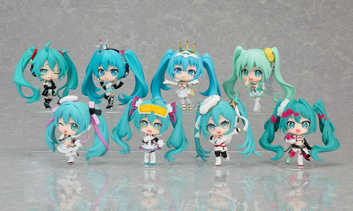 Eight featured Racing Miku All Stars Vol.2 chibi figure designs with turquoise twin-tails, varied outfits, crowns, flowers, goggles, and playful poses.