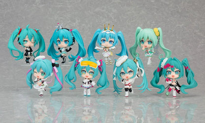 Eight featured Racing Miku All Stars Vol.2 chibi figure designs with turquoise twin-tails, varied outfits, crowns, flowers, goggles, and playful poses.