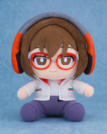 Chill with You Lo-Fi Story Satone plushie wearing red glasses, oversized headphones, a white jacket, and purple pants.