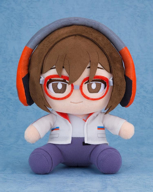 Chill with You Lo-Fi Story Satone plushie wearing red glasses, oversized headphones, a white jacket, and purple pants.