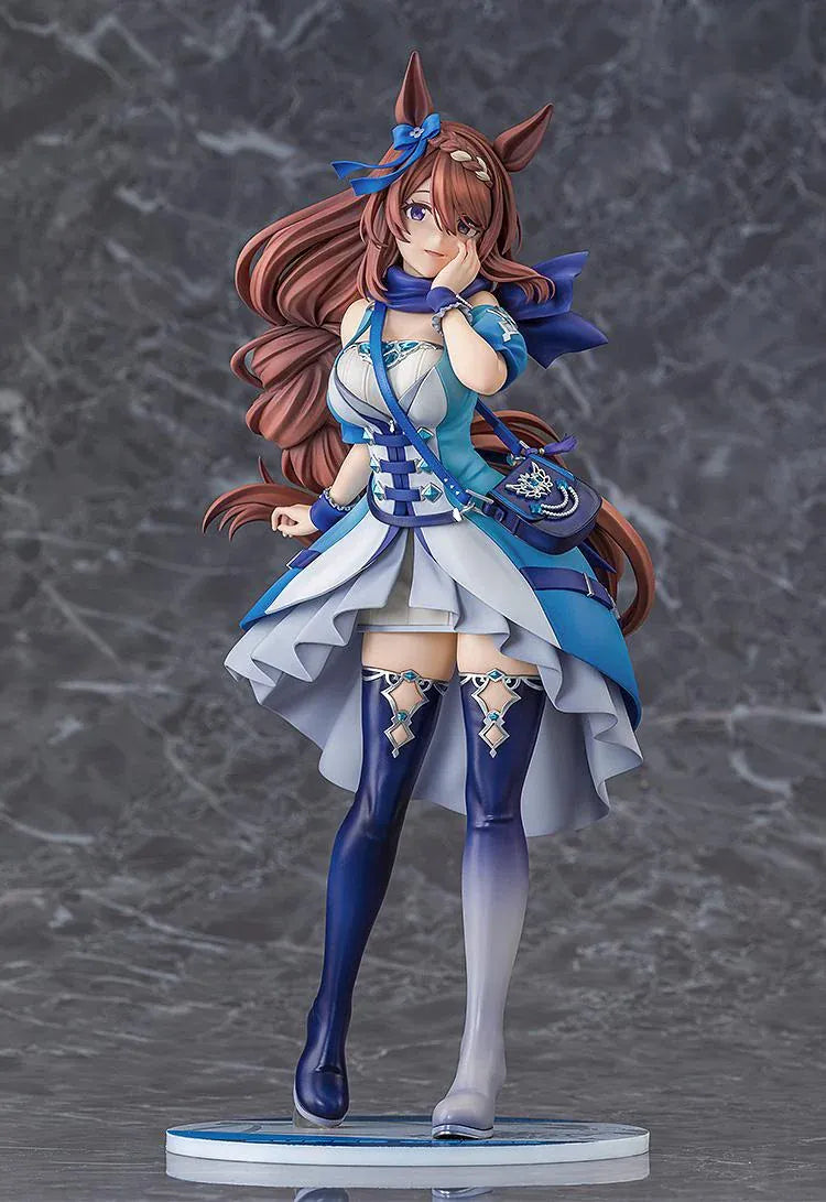 Umamusume Cinderella Gray Super Creek figure with flowing brown hair, a blue and white outfit, shoulder bag, and tall boots, posed with a hand against her cheek.