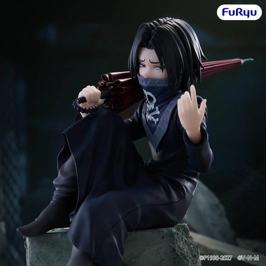Hunter x Hunter Feitan Noodle Stopper figure seated with one knee raised, wearing a dark outfit and skull face covering, holding a red umbrella over his shoulder.