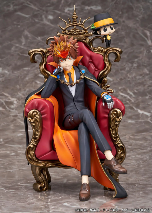 REBORN! Tsunayoshi Sawada & Reborn Scale Figure featuring Tsuna with spiky brown hair, a fiery Dying Will Flame, black suit, and orange-lined cape seated on an ornate golden throne with red upholstery, accompanied by Reborn in his signature fedora.