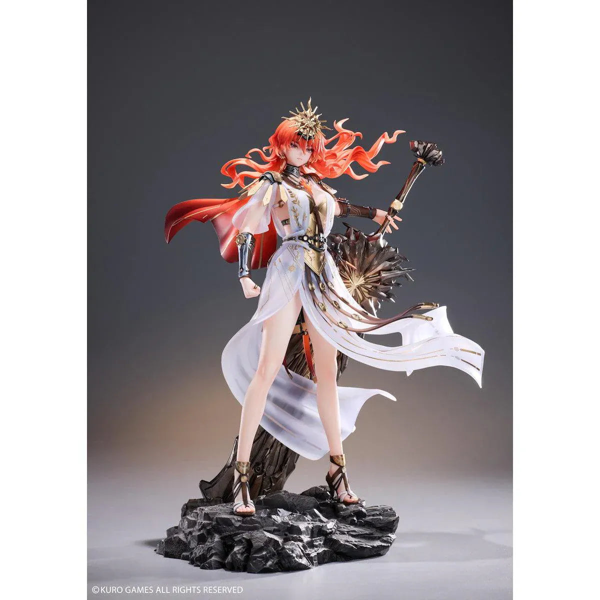 Wuthering Waves Augusta 1/7 Scale Figure with orange-red hair, white-and-gold outfit, armor accents, weapon accessory, and rocky display base