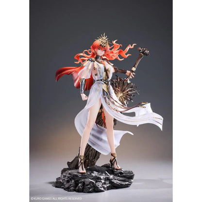 Wuthering Waves Augusta 1/7 Scale Figure with orange-red hair, white-and-gold outfit, armor accents, weapon accessory, and rocky display base