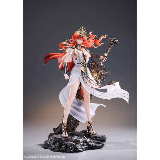 Wuthering Waves Augusta 1/7 Scale Figure with orange-red hair, white-and-gold outfit, armor accents, weapon accessory, and rocky display base