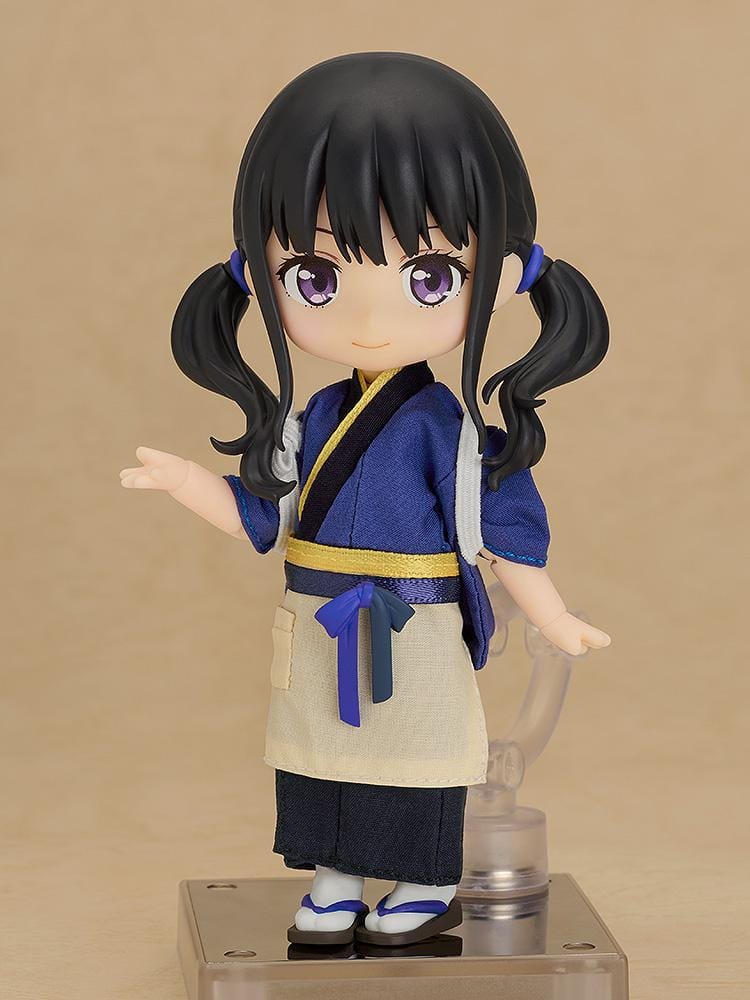 Lycoris Recoil Nendoroid Doll Takina Inoue in Cafe LycoReco uniform with blue kimono-style top and apron standing pose.