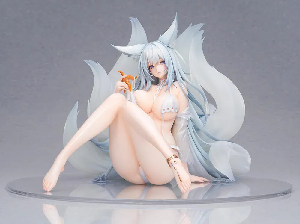 Azur Lane Shinano Dreamy White Sands Ver. 1/6 Scale Figure featuring Shinano seated with pale blue hair, fox ears, flowing tails, white outfit details, and beach-inspired styling.
