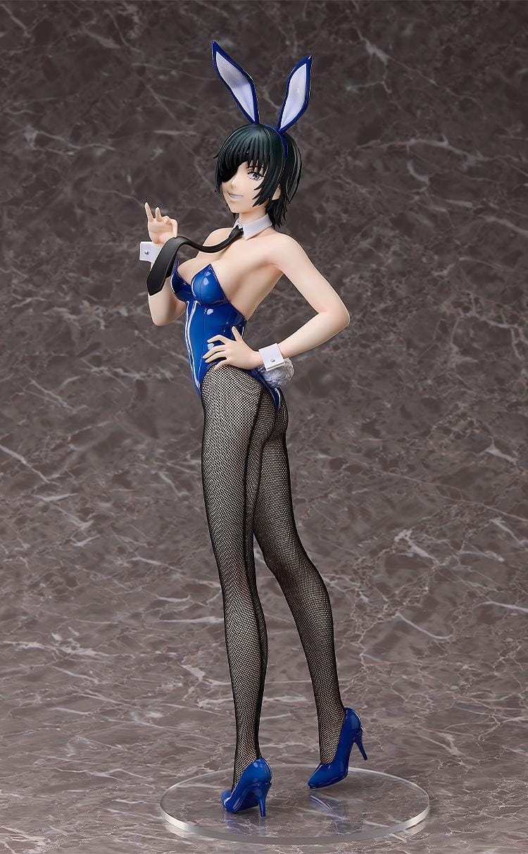 Chainsaw Man B-Style Himeno (Bunny Ver.) 1/4 Scale Figure wearing a glossy blue bunny suit, fishnet tights, and heels, standing confidently.