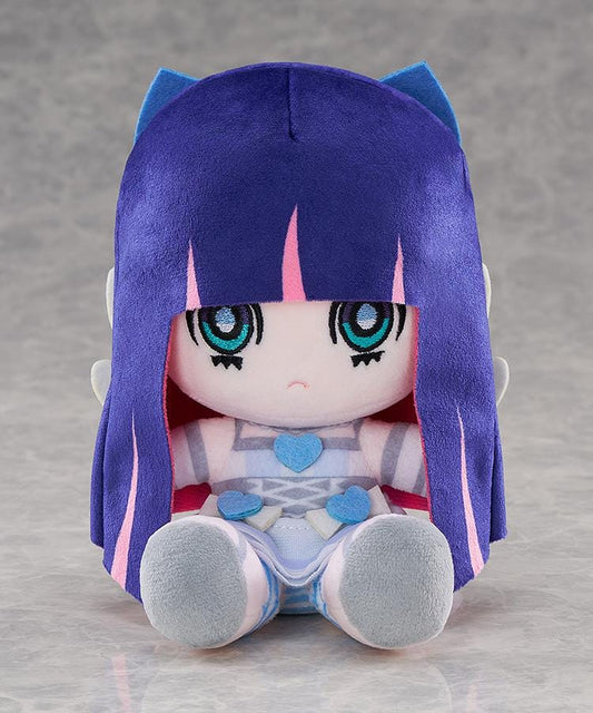 New PANTY & STOCKING with GARTERBELT Stocking Punipuni Plushie with purple hair, blue eyes, heart details, and seated chibi plush design