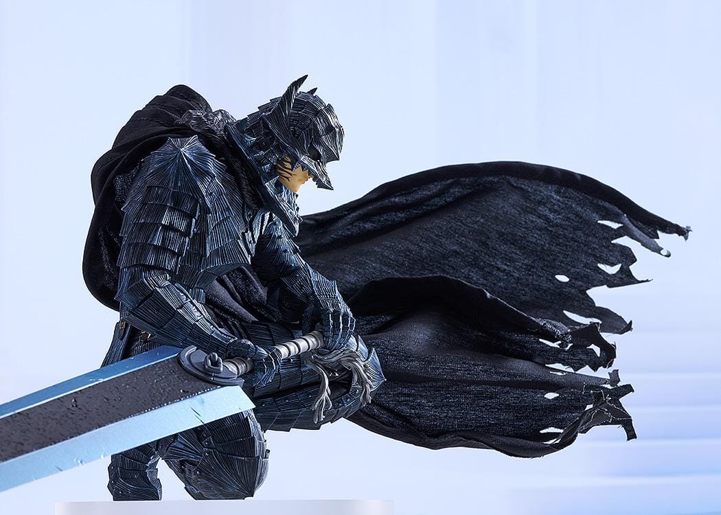 Berserk Guts Berserker Sane figure crouching in dark armor, gripping a massive sword with a textured, ragged black cape sweeping behind him.