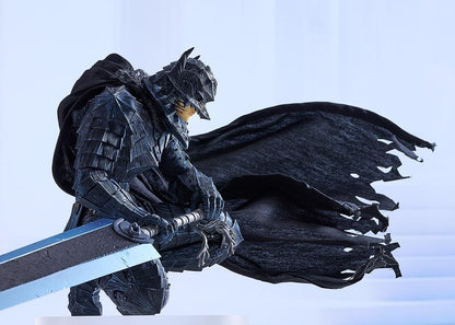 Berserk Guts Berserker Sane figure crouching in dark armor, gripping a massive sword with a textured, ragged black cape sweeping behind him.