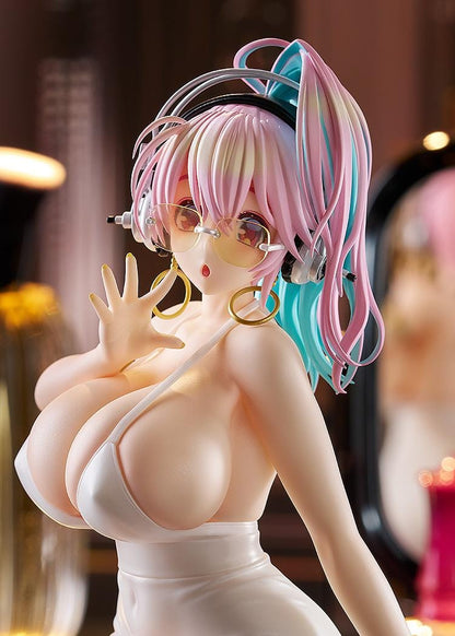 Nitroplus Pop Up Parade L Super Sonico 15th Mini Dress Ver figure kneeling in white dress with headphones and pastel hair